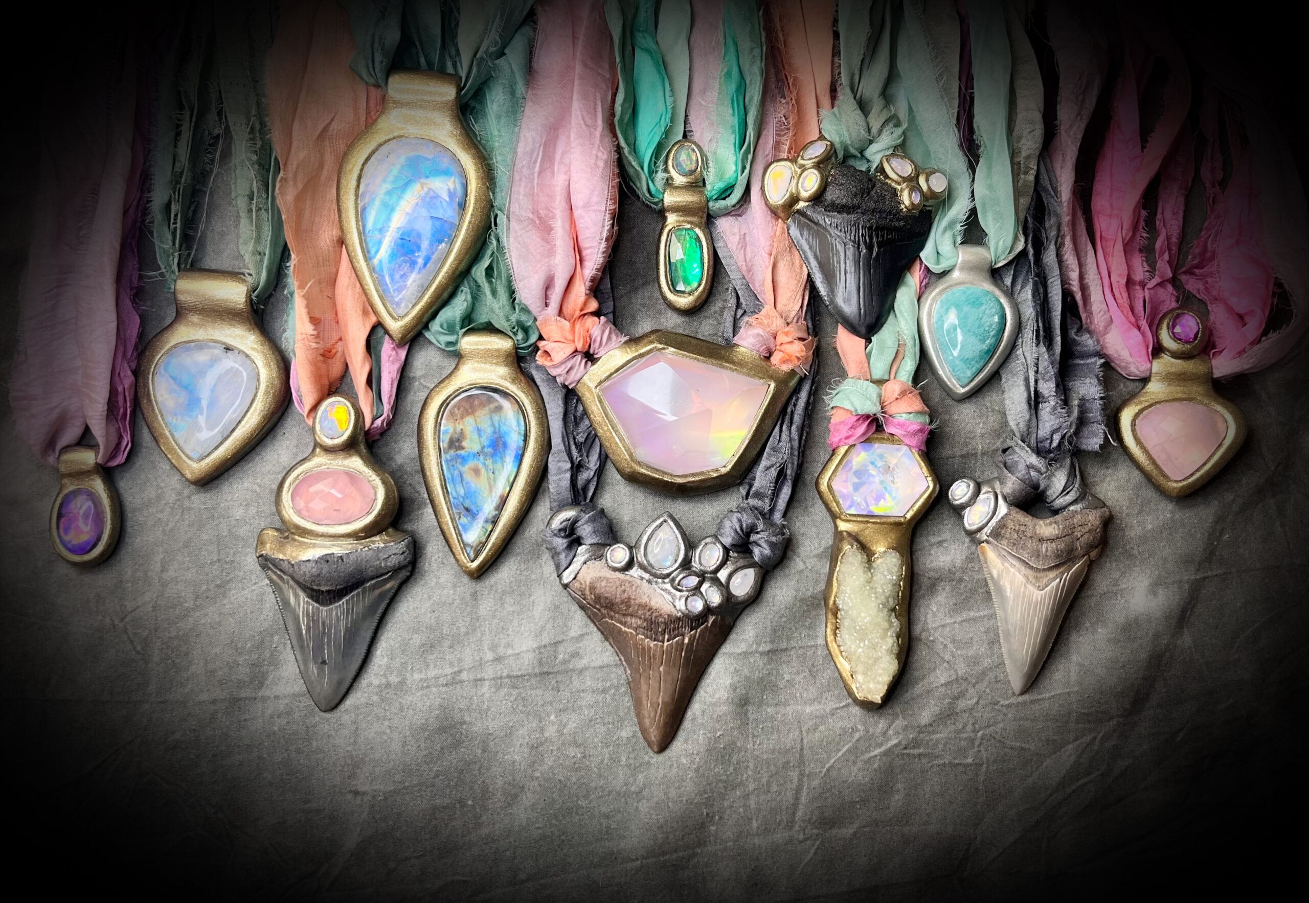2025 summer jewelry collection by Become Spellbound for crystal healing and spiritual elevation, natural gemstone jewelry hung from sustainable recycled silks.